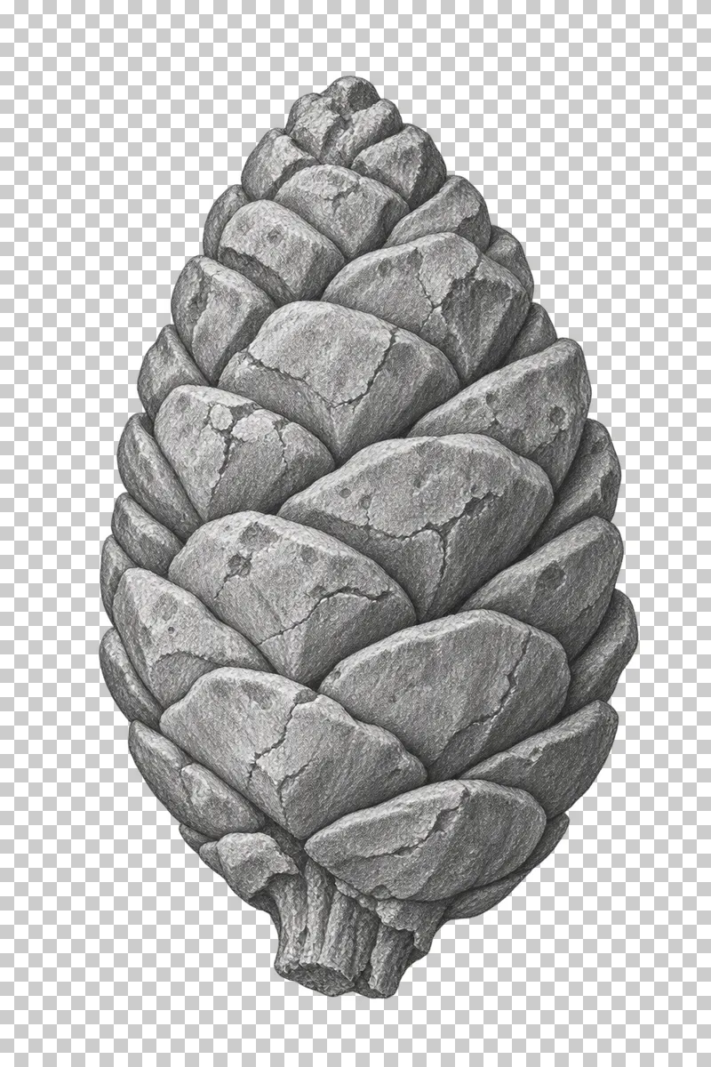 Graphite pencil study of a fossil cone with overlapping woody scales.