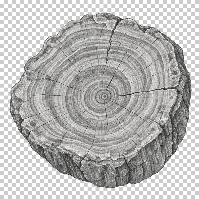 Graphite pencil study of a petrified wood cross section with growth rings and cracks.
