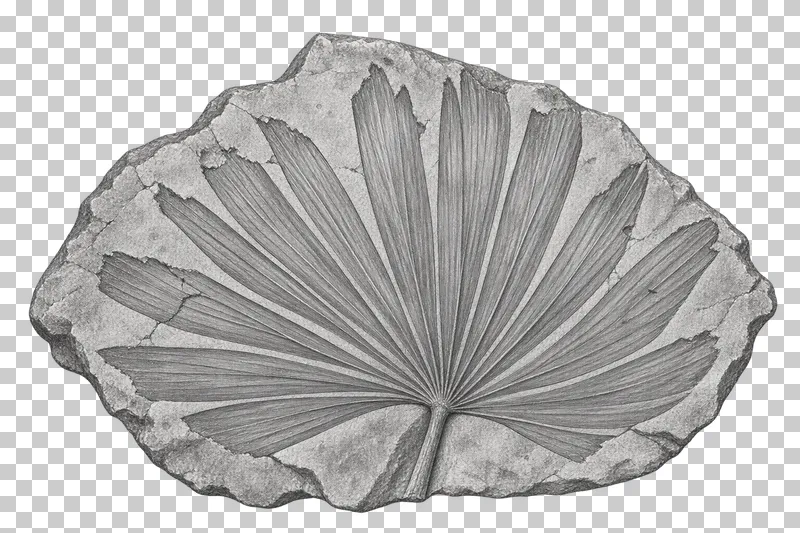 Graphite pencil study of a palm leaf impression with radiating segments in stone.