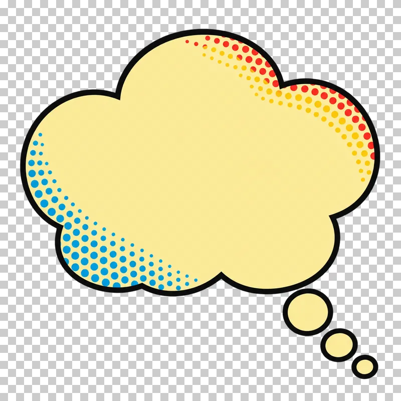 A blank pale-yellow thought cloud with large soft lobes, three detached trail bubbles and colored edge halftone.