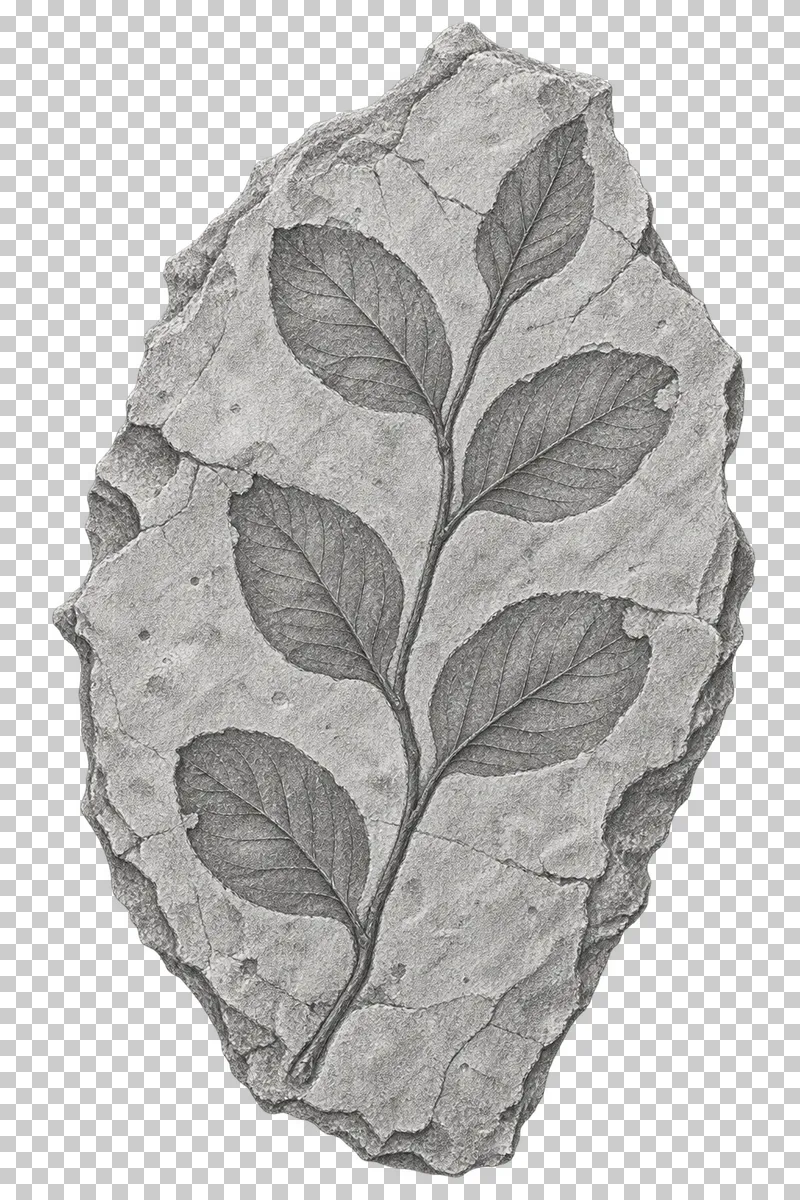 Graphite pencil study of a leafy shoot impression with leaves attached to one stem in stone.