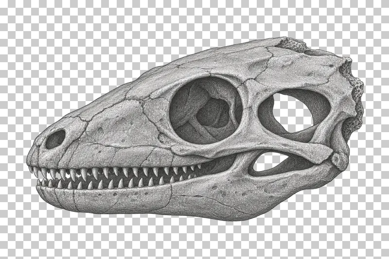 Graphite pencil study of a small fossil reptile skull with visible bone openings and teeth.