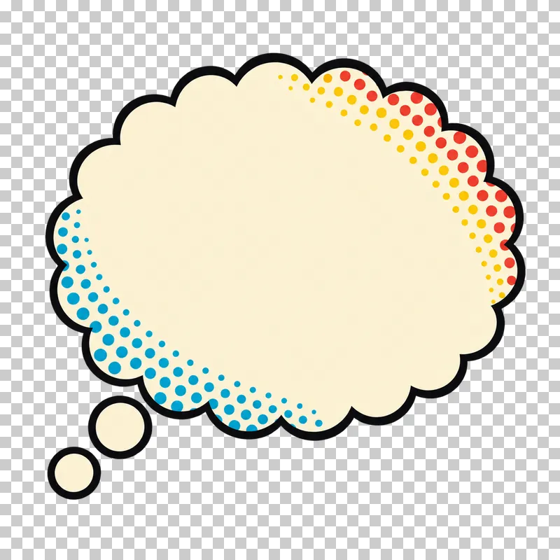 A blank cream thought cloud with many small lobes, two detached trail bubbles and colored edge halftone.