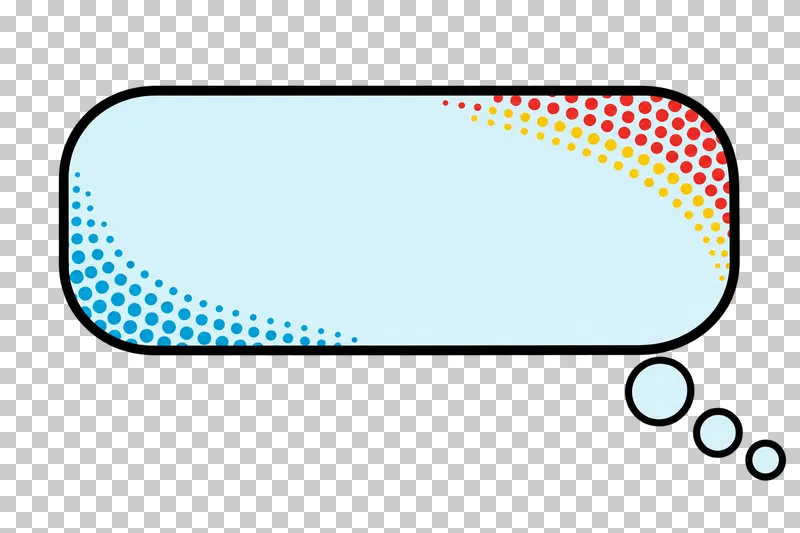 A blank pale-blue rounded rectangular thought bubble with three detached trail bubbles and colored edge halftone.