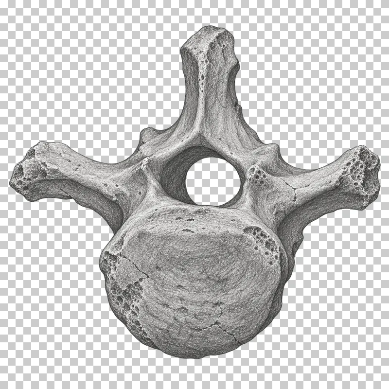 Graphite pencil study of a single fossil vertebra with its body, arch and processes.