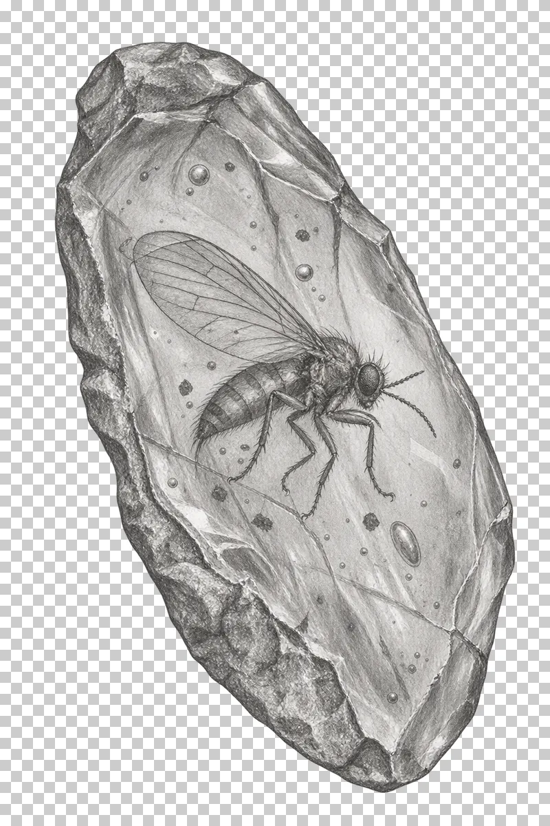 Graphite pencil study of an insect preserved inside a piece of amber.