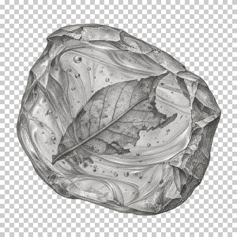 Graphite pencil study of a leaf fragment preserved inside a piece of amber.
