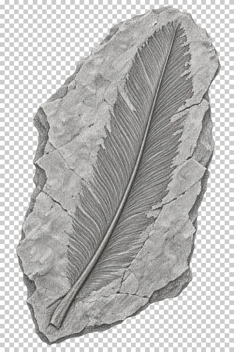 Graphite pencil study of a feather impression with a central shaft and fine barbs in stone.