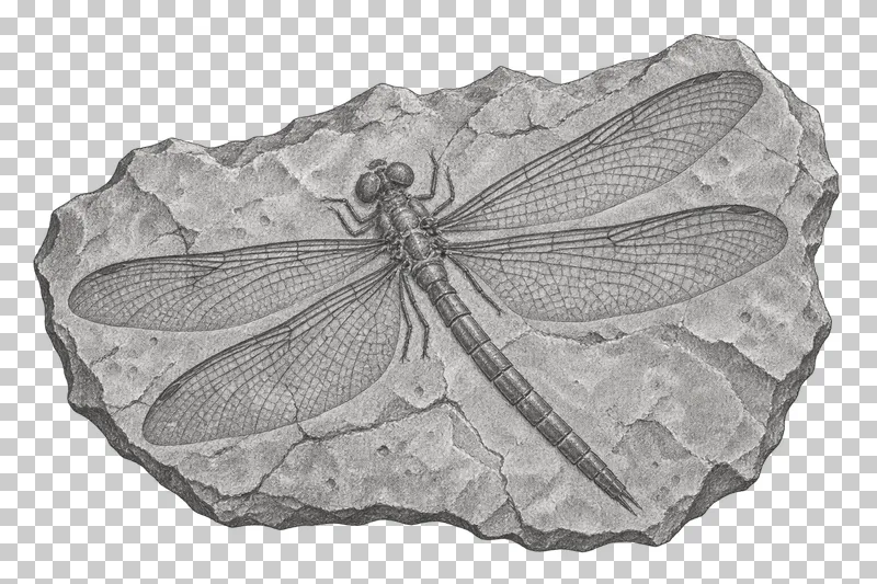 Graphite pencil study of a dragonfly impression with four veined wings in stone.