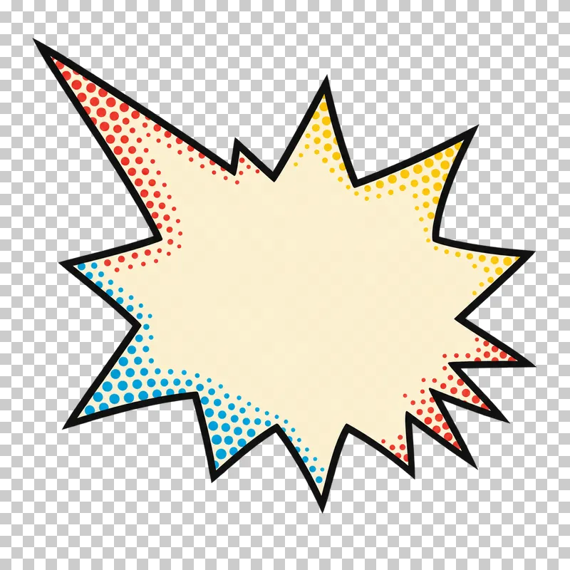 A blank cream irregular pointed starburst with uneven rays, a bold black outline and colored edge halftone.