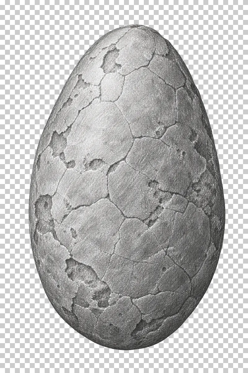 Graphite pencil study of a fossil dinosaur egg with a weathered mineralized shell.