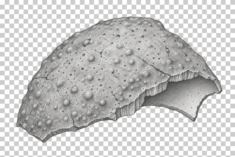Graphite pencil study of a curved fossil eggshell fragment with a visible broken edge.