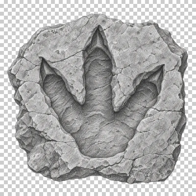 Graphite pencil study of a three-toed footprint impressed into an irregular stone slab.