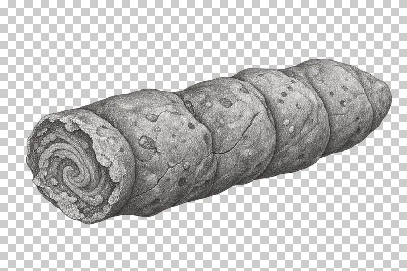 Graphite pencil study of a coprolite with an irregular segmented mineralized surface.