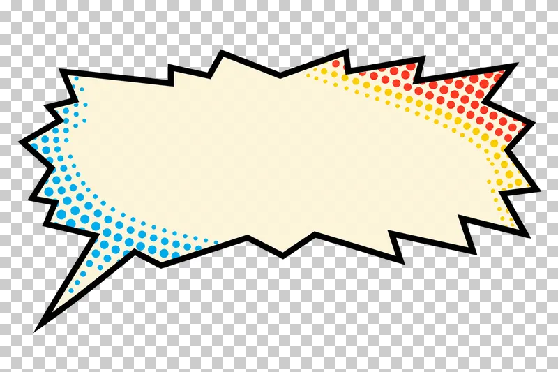 A blank cream zigzag speech bubble with a pointed lower-left tail, a bold black outline and colored edge halftone.
