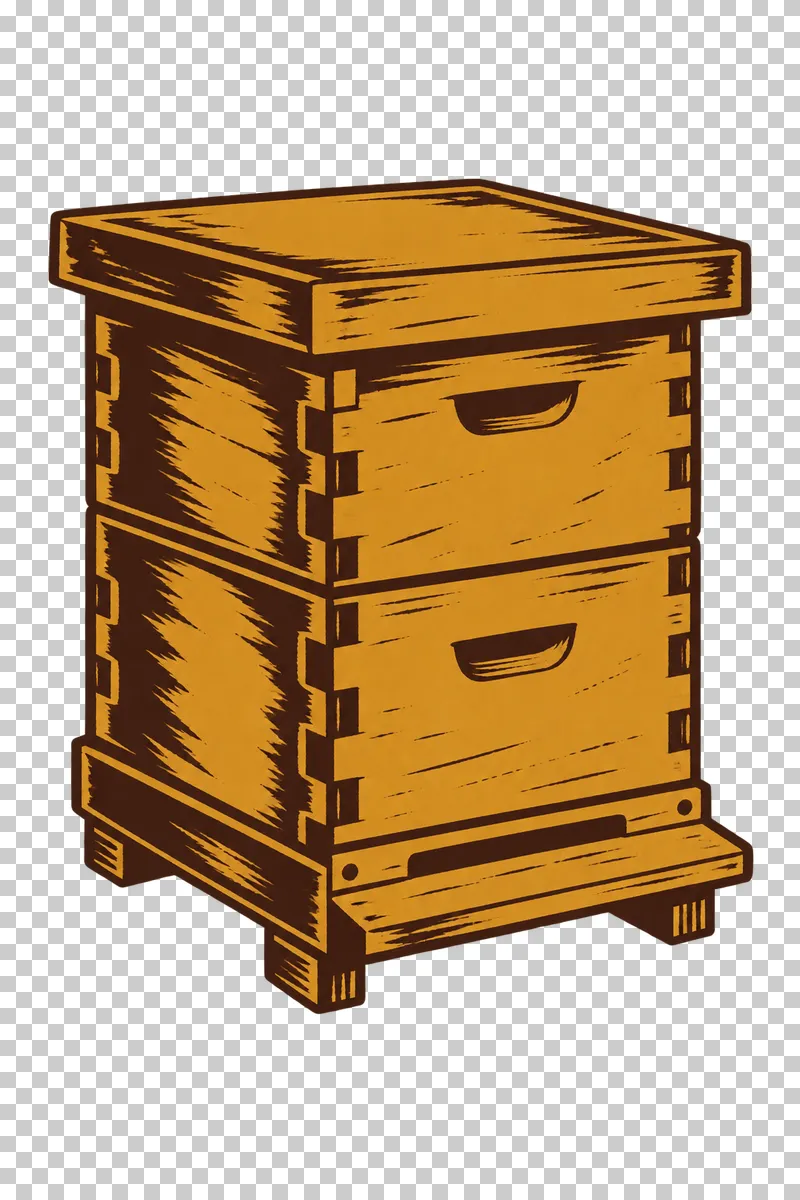 Two stacked wooden hive bodies with a flat roof, lower entrance and landing board, in dark brown and honey ochre linocut.