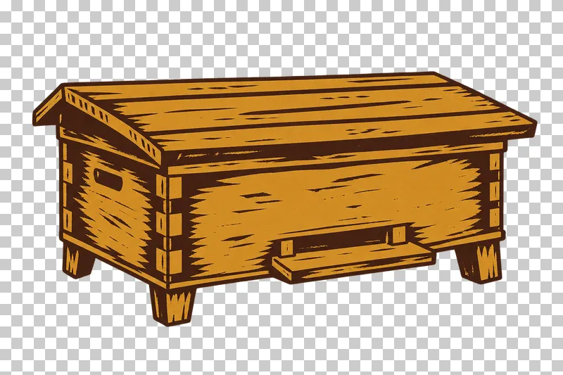 A long horizontal wooden hive with a single roof, front entrance and short legs, in dark brown and honey ochre linocut.