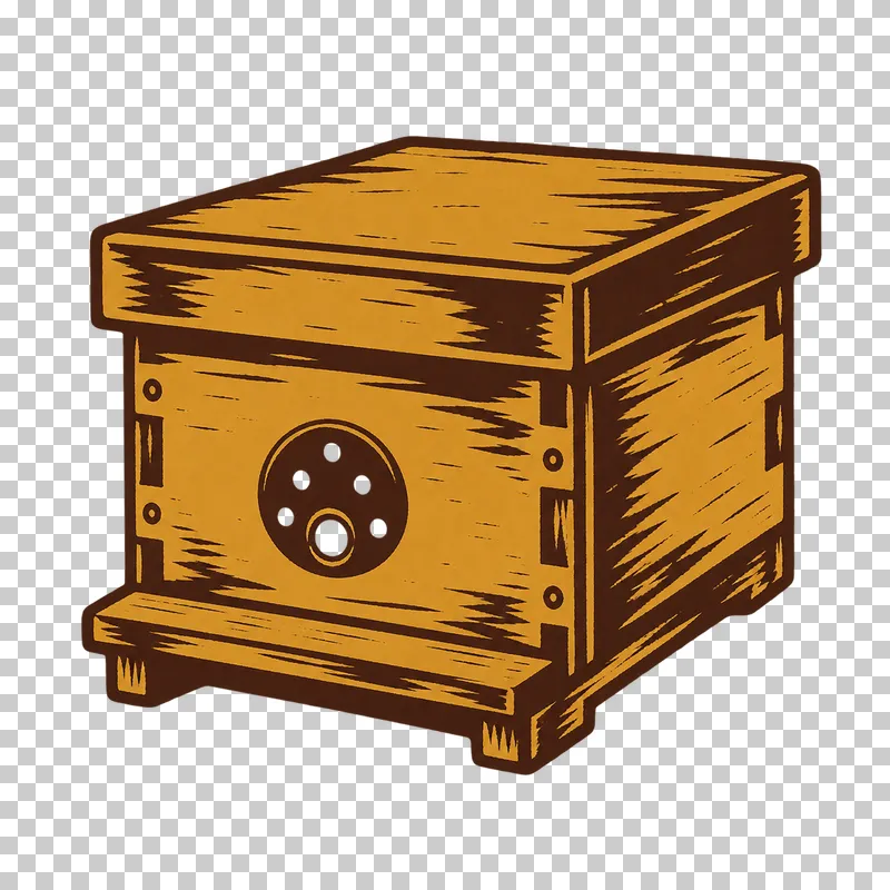 A compact wooden mating nuc with a flat roof and circular entrance disk, in dark brown and honey ochre linocut.
