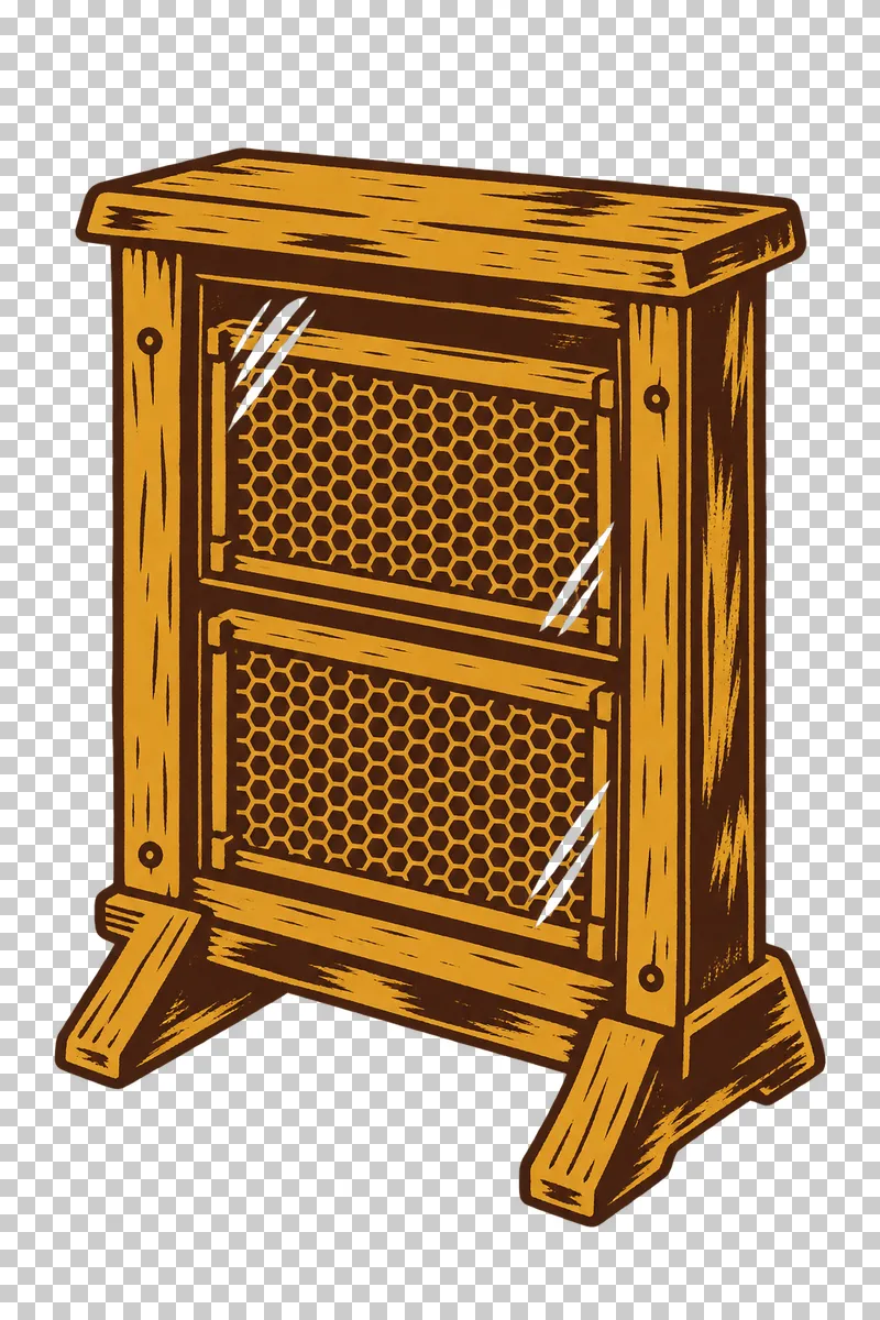 An upright wooden observation hive with two visible honeycomb frames and a supporting stand, in dark brown and honey ochre linocut.
