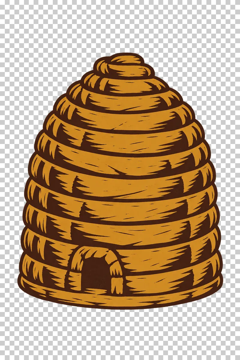 A domed woven straw skep with thick coils and a small arched entrance, in dark brown and honey ochre linocut.