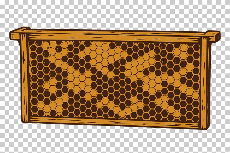 A wooden frame filled with hexagonal honeycomb, including open and capped cells, in dark brown and honey ochre linocut.