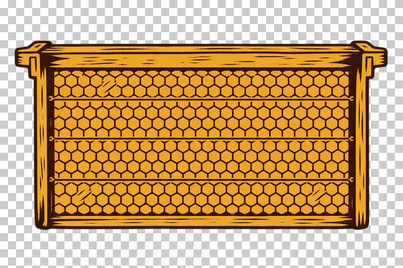A wooden frame holding a flat hexagonal wax foundation sheet and horizontal support wires, in dark brown and honey ochre linocut.
