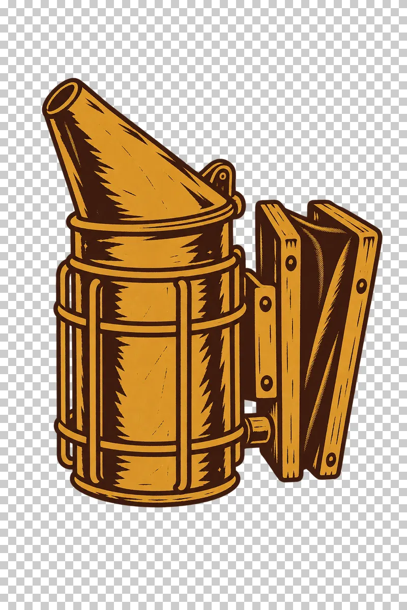 A caged cylindrical bee smoker with a conical outlet and two wooden bellows cheeks around folded leather, in dark brown and honey ochre linocut.