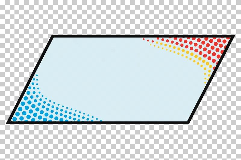 A blank pale-blue slanted parallelogram narrative panel with a bold black border and colored edge halftone.