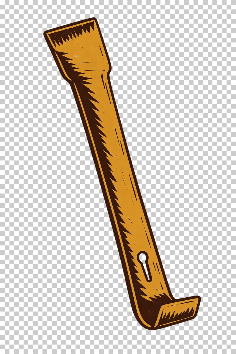 A flat hive tool with a broad scraper, nail notch and bent prying end, in dark brown and honey ochre linocut.