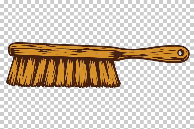 A wooden bee brush with a long handle and a broad row of soft bristles, in dark brown and honey ochre linocut.