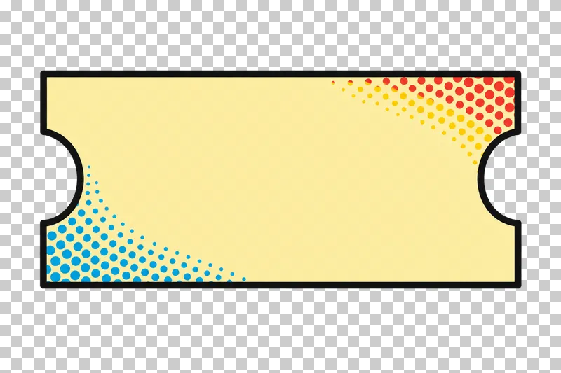 A blank pale-yellow ticket-shaped narrative panel with notched sides, a bold black border and colored edge halftone.