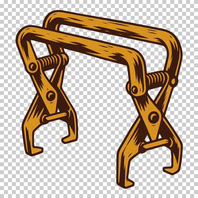 A frame grip with paired handles, pivoted jaws and coiled springs, in dark brown and honey ochre linocut.