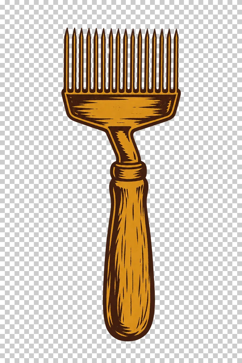 An uncapping fork with a wooden handle, angled neck and one row of parallel pointed tines, in dark brown and honey ochre linocut.