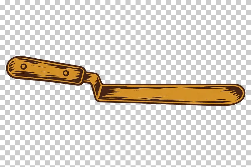 An uncapping knife with a riveted wooden handle, offset neck and long rounded blade, in dark brown and honey ochre linocut.