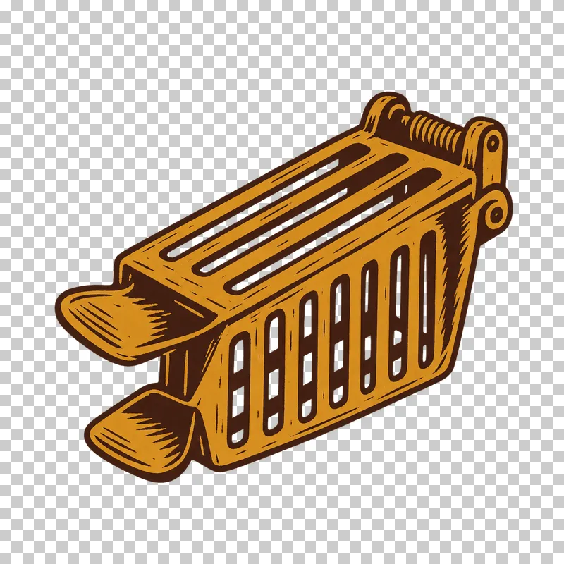 An empty queen catcher clip with slotted cage halves, squeeze tabs and a spring hinge, in dark brown and honey ochre linocut.