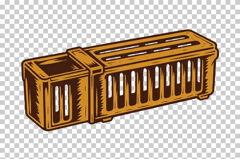 An empty slotted queen transport cage with a separate end compartment, in dark brown and honey ochre linocut.