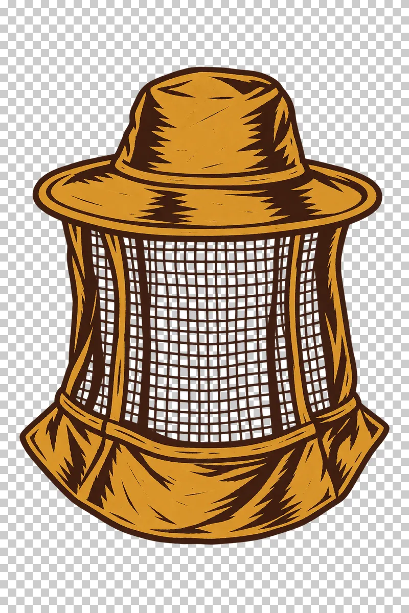 An unworn wide-brimmed beekeeping hat with an open mesh veil and fabric shoulder collar, in dark brown and honey ochre linocut.