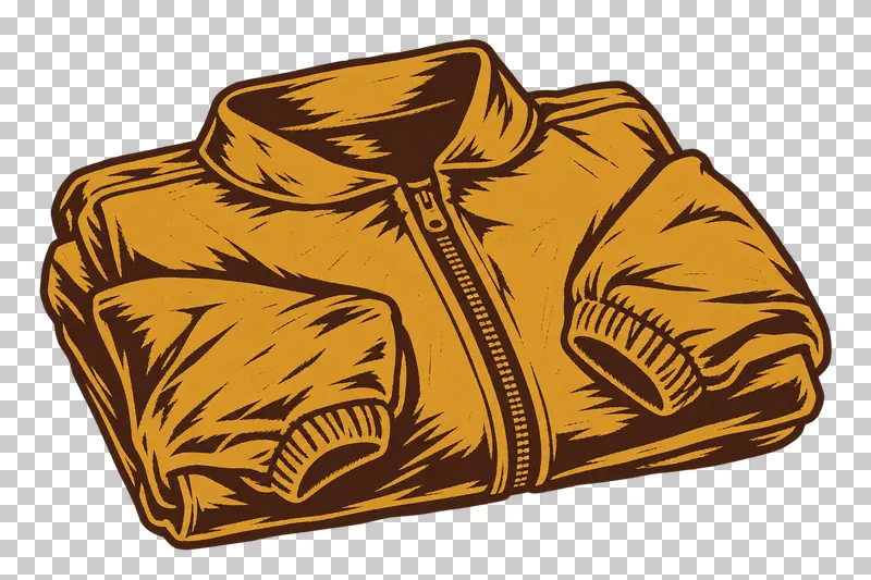 A folded beekeeping jacket with sleeves across the front, a collar and central zipper, in dark brown and honey ochre linocut.