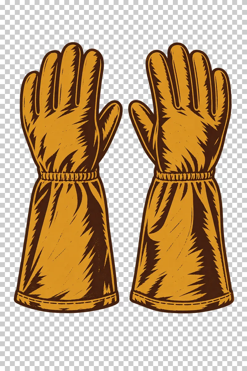 A pair of left and right beekeeping gloves, each with five digits and a long gauntlet cuff, in dark brown and honey ochre linocut.