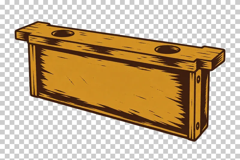 A narrow frame feeder with a wooden top cap, projecting ears and two access holes, in dark brown and honey ochre linocut.