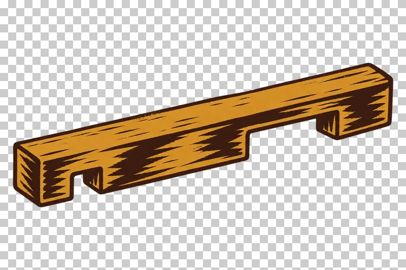 A long wooden entrance reducer with cut-out entrance notches, in dark brown and honey ochre linocut.