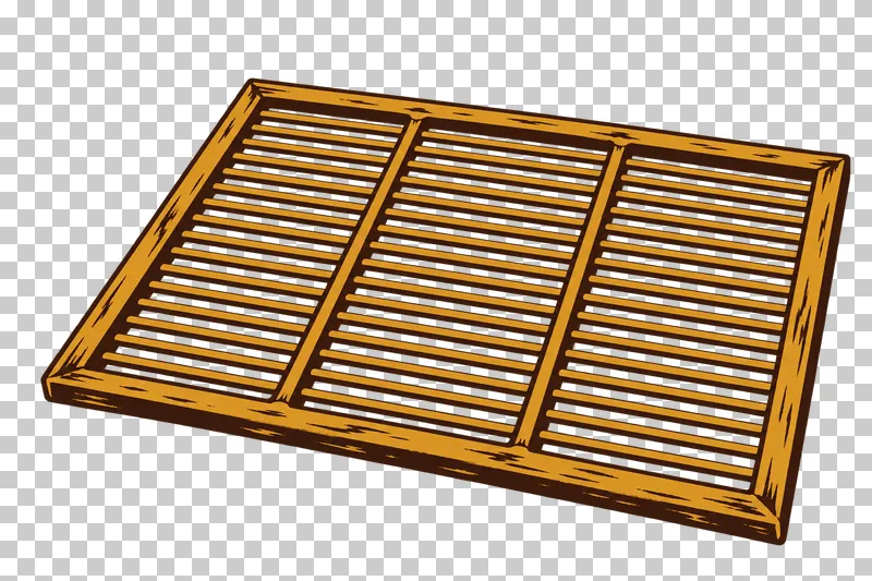 A rectangular queen excluder with parallel bars, two reinforcing crossbars and open gaps, in dark brown and honey ochre linocut.