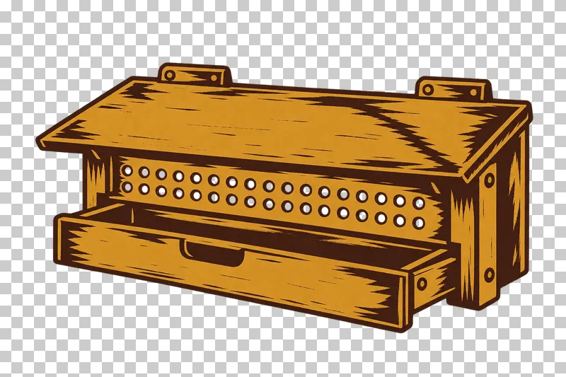 A pollen trap with an overhanging lid, perforated entrance strip and partly extended collecting drawer, in dark brown and honey ochre linocut.