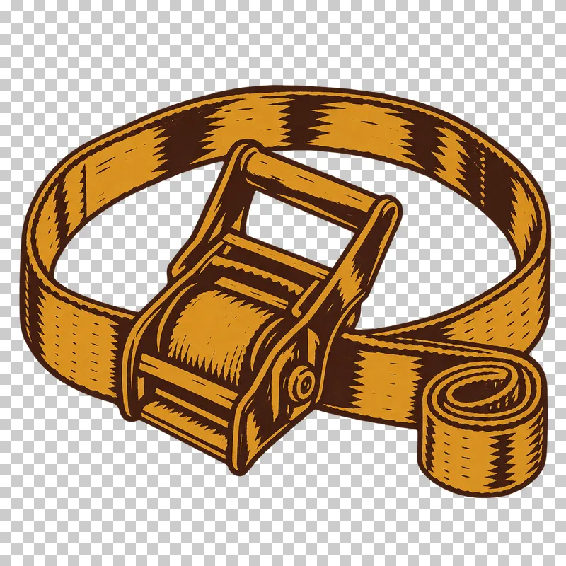 A hive strap forming a loop around a ratchet buckle, with a rolled end of webbing, in dark brown and honey ochre linocut.