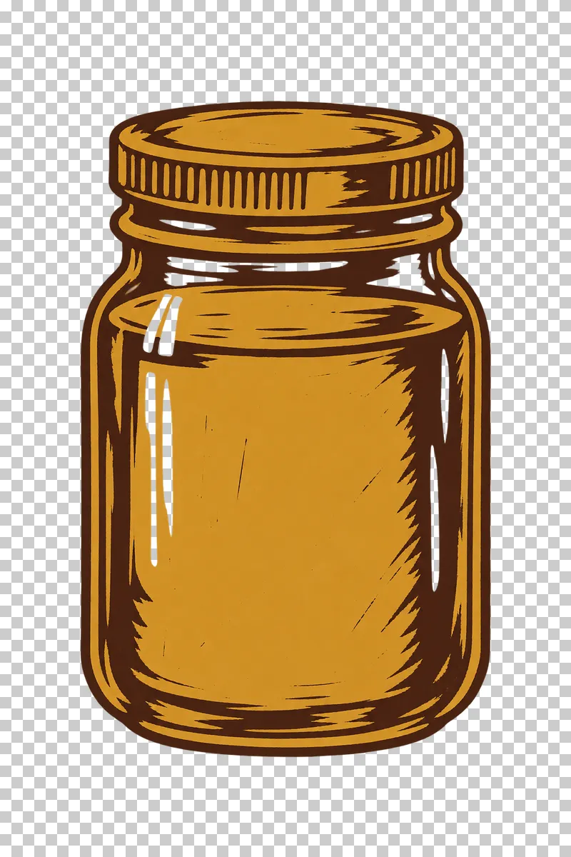 A plain honey-filled glass jar with a screw lid and open carved reflection marks, in dark brown and honey ochre linocut.