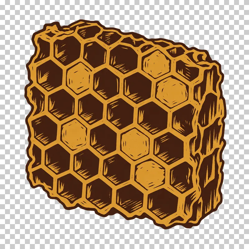 A thick cut piece of honeycomb with hexagonal open cells and several capped cells, in dark brown and honey ochre linocut.