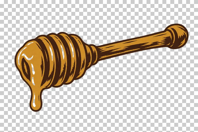 A grooved wooden honey dipper coated in honey, with one attached hanging drip, in dark brown and honey ochre linocut.