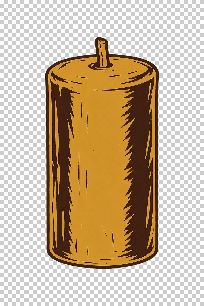 An unlit smooth cylindrical pillar candle with a round top and central wick, in dark brown and honey ochre linocut.
