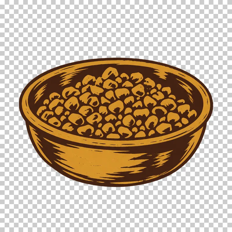 A small shallow bowl holding a contained pile of bee pollen pellets, in dark brown and honey ochre linocut.