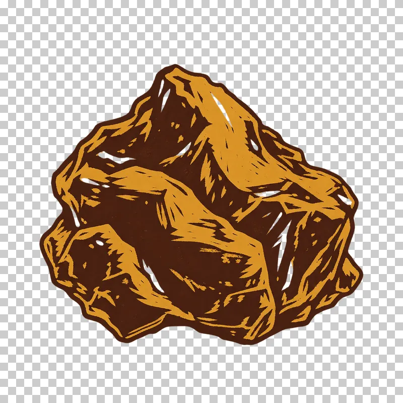 A compact irregular lump of propolis with craggy edges and broad carved marks, in dark brown and honey ochre linocut.